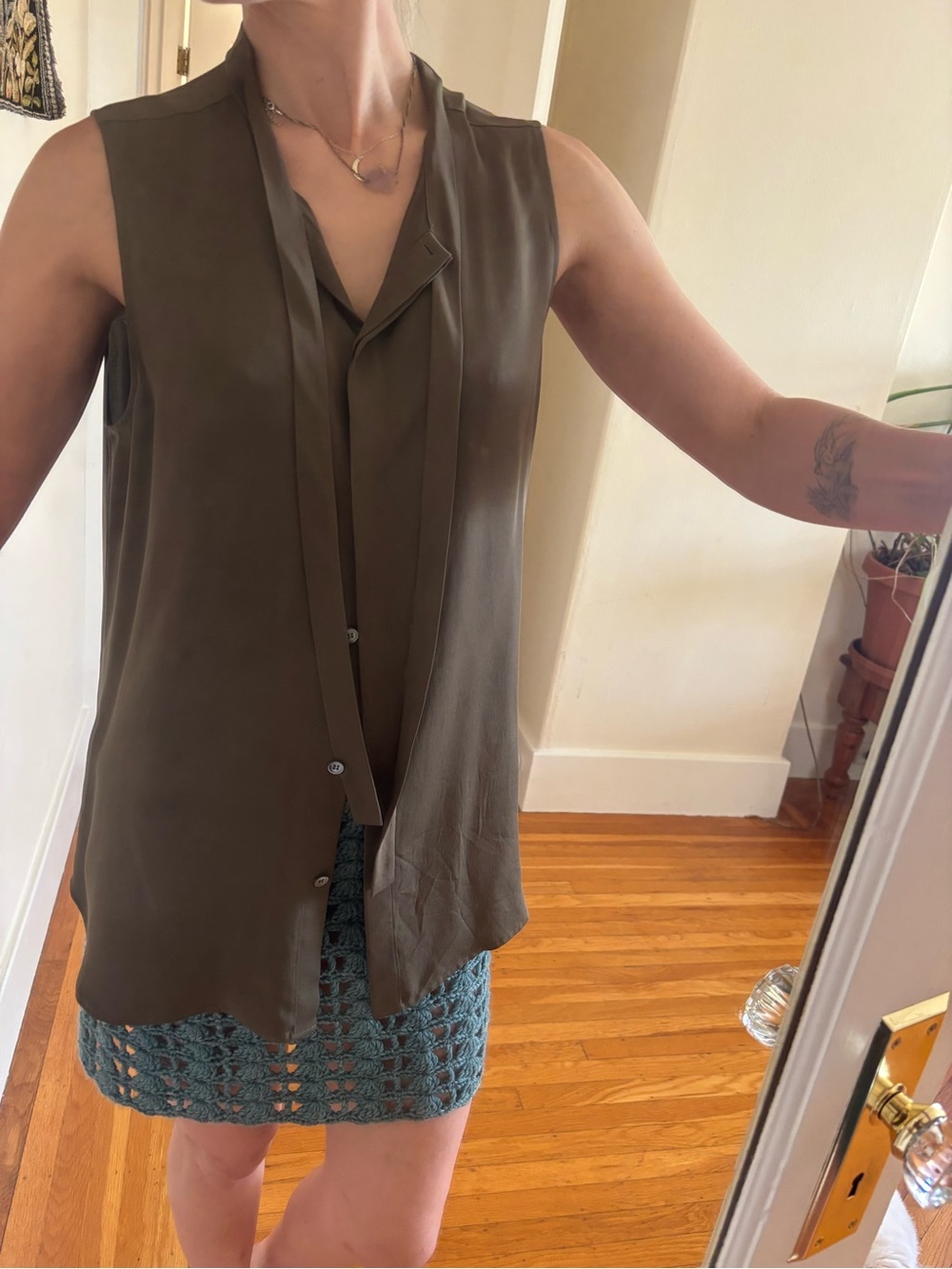 Theory Olive Sleeveless Tie-Neck Blouse